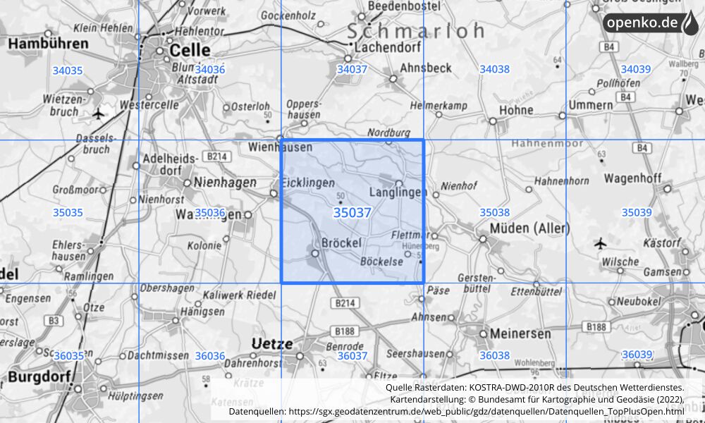 Übersichtskarte KOSTRA-DWD-2010R Rasterfeld Nr. 35037 mit angrenzenden Feldern