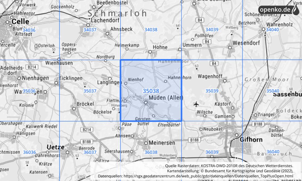 Übersichtskarte KOSTRA-DWD-2010R Rasterfeld Nr. 35038 mit angrenzenden Feldern