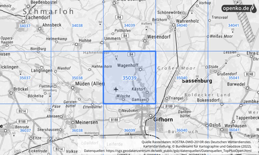 Übersichtskarte KOSTRA-DWD-2010R Rasterfeld Nr. 35039 mit angrenzenden Feldern