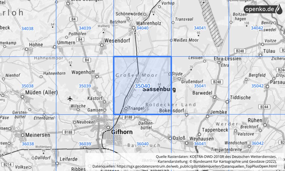 Übersichtskarte KOSTRA-DWD-2010R Rasterfeld Nr. 35040 mit angrenzenden Feldern