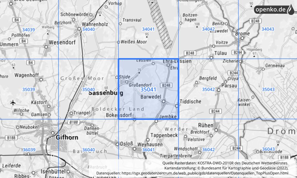 Übersichtskarte KOSTRA-DWD-2010R Rasterfeld Nr. 35041 mit angrenzenden Feldern