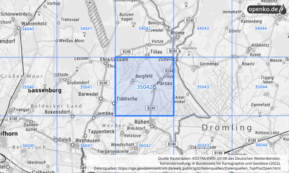 Übersichtskarte KOSTRA-DWD-2010R Rasterfeld Nr. 35042 mit angrenzenden Feldern