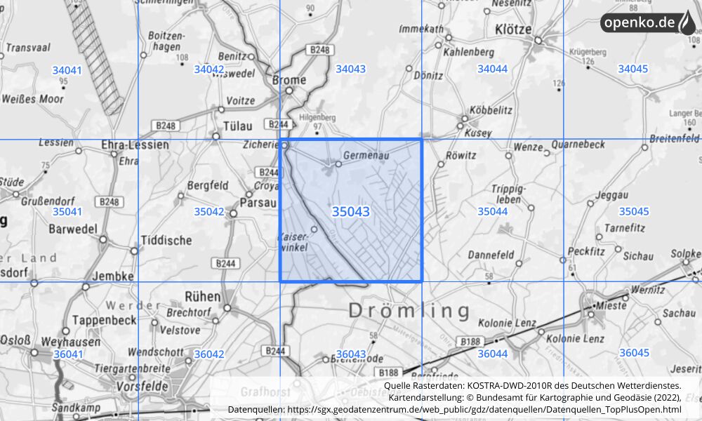 Übersichtskarte KOSTRA-DWD-2010R Rasterfeld Nr. 35043 mit angrenzenden Feldern