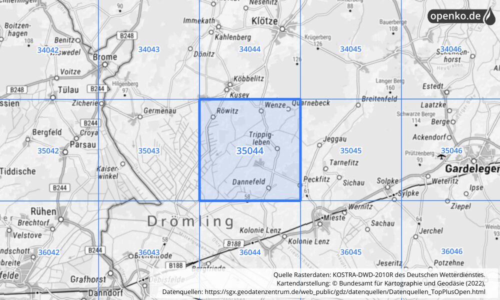 Übersichtskarte KOSTRA-DWD-2010R Rasterfeld Nr. 35044 mit angrenzenden Feldern