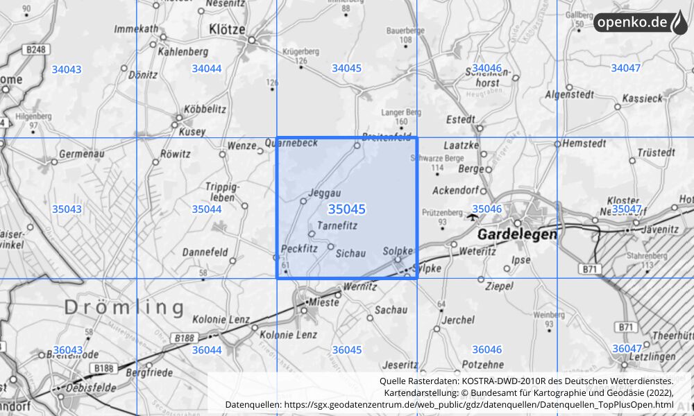 Übersichtskarte KOSTRA-DWD-2010R Rasterfeld Nr. 35045 mit angrenzenden Feldern