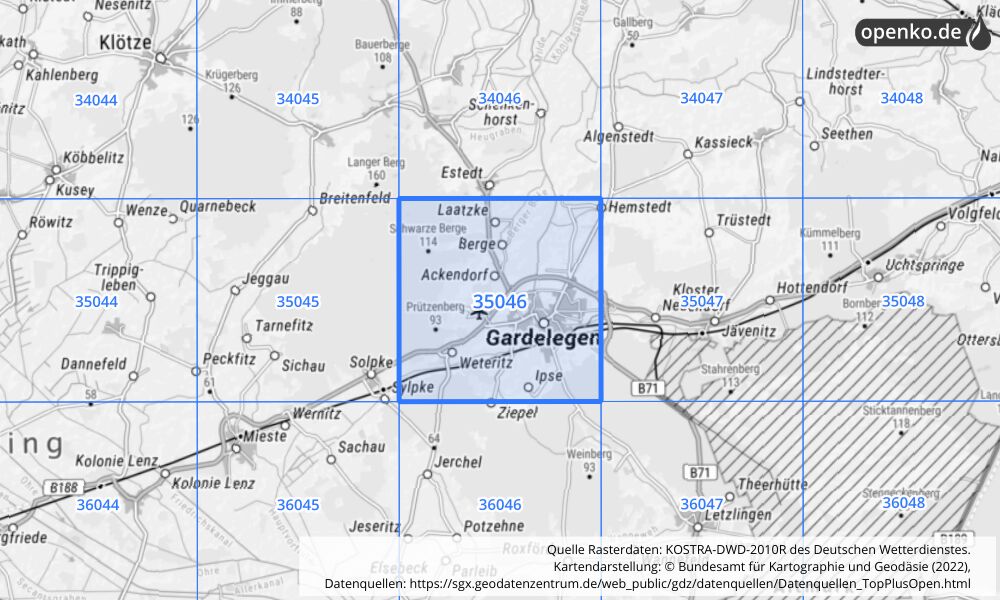 Übersichtskarte KOSTRA-DWD-2010R Rasterfeld Nr. 35046 mit angrenzenden Feldern