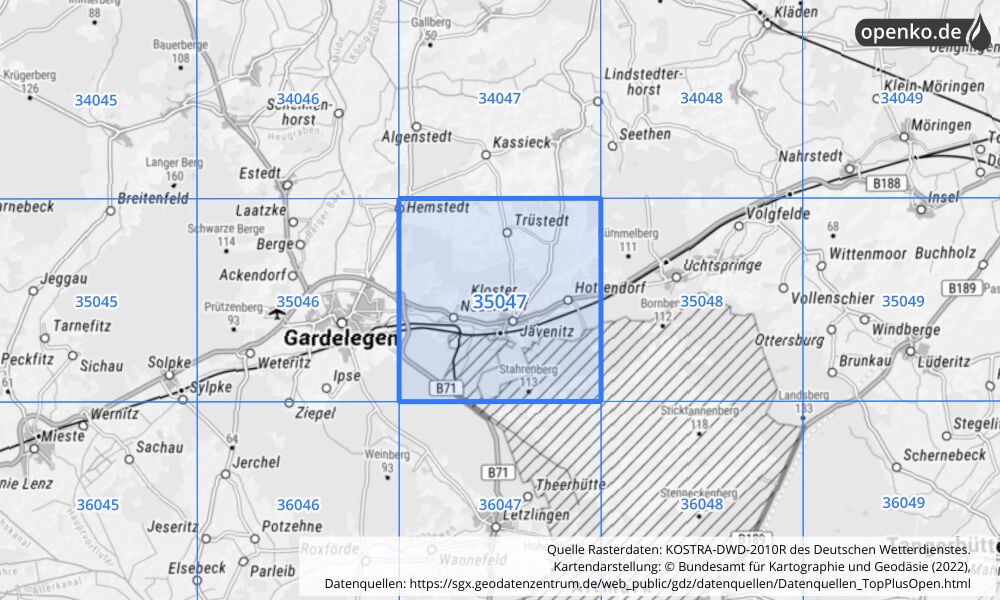 Übersichtskarte KOSTRA-DWD-2010R Rasterfeld Nr. 35047 mit angrenzenden Feldern