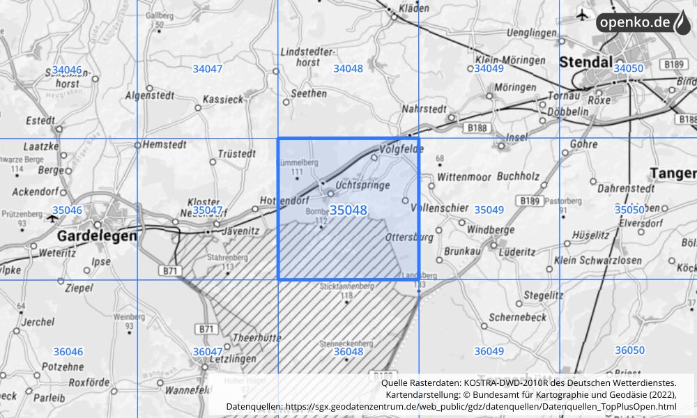 Übersichtskarte KOSTRA-DWD-2010R Rasterfeld Nr. 35048 mit angrenzenden Feldern