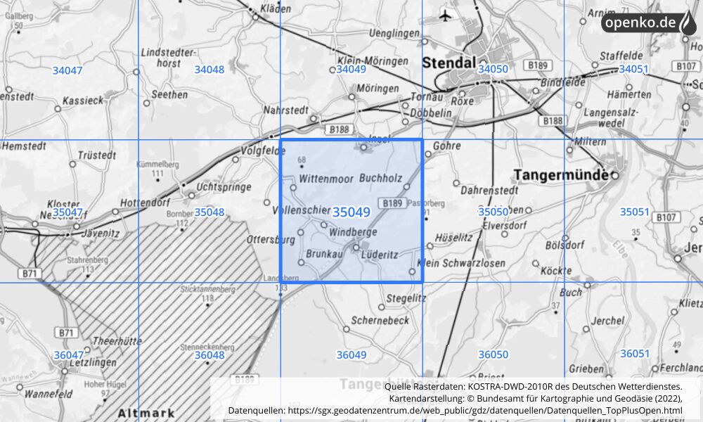 Übersichtskarte KOSTRA-DWD-2010R Rasterfeld Nr. 35049 mit angrenzenden Feldern