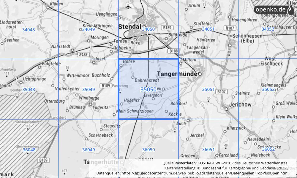 Übersichtskarte KOSTRA-DWD-2010R Rasterfeld Nr. 35050 mit angrenzenden Feldern