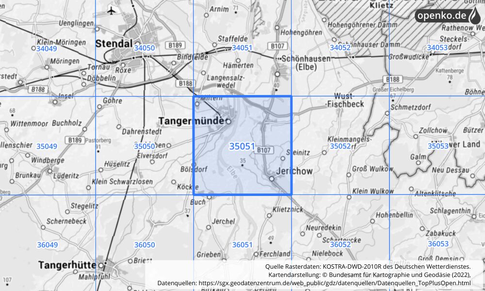 Übersichtskarte KOSTRA-DWD-2010R Rasterfeld Nr. 35051 mit angrenzenden Feldern