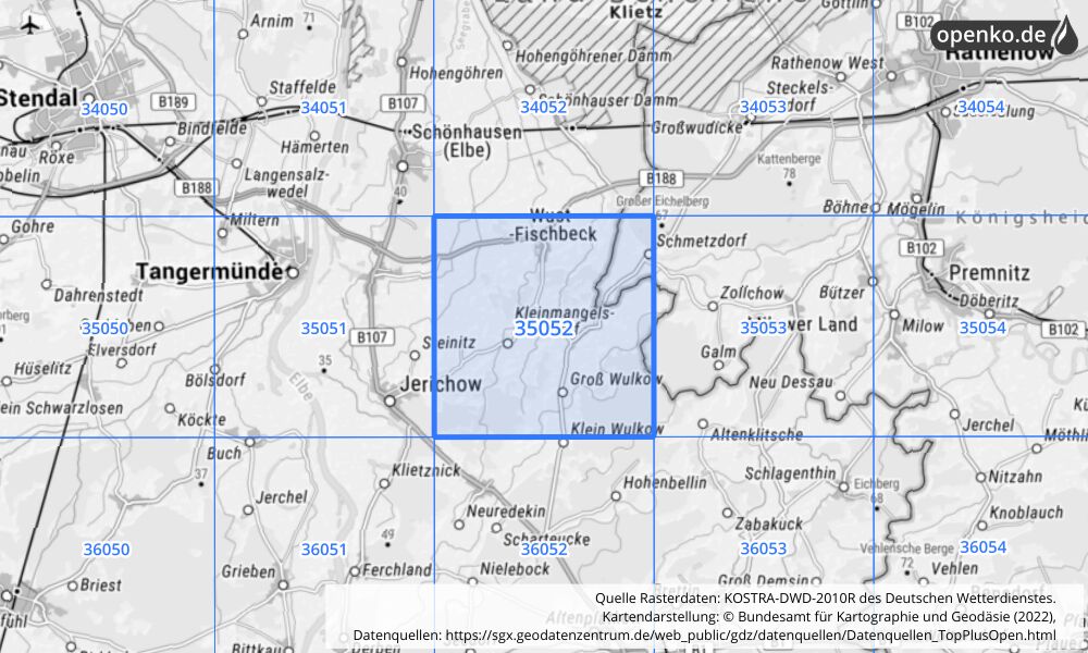 Übersichtskarte KOSTRA-DWD-2010R Rasterfeld Nr. 35052 mit angrenzenden Feldern
