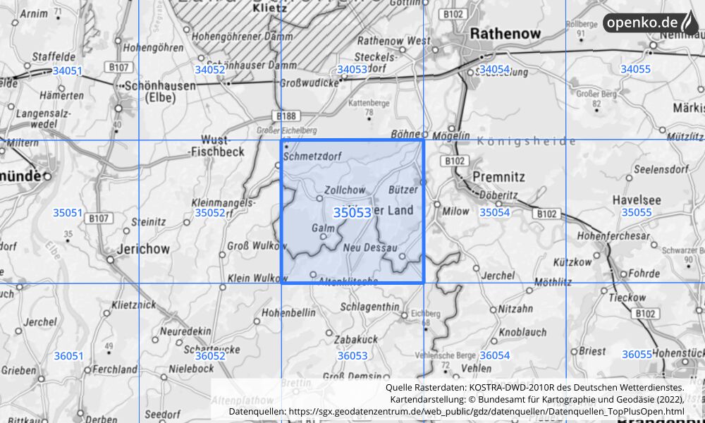 Übersichtskarte KOSTRA-DWD-2010R Rasterfeld Nr. 35053 mit angrenzenden Feldern