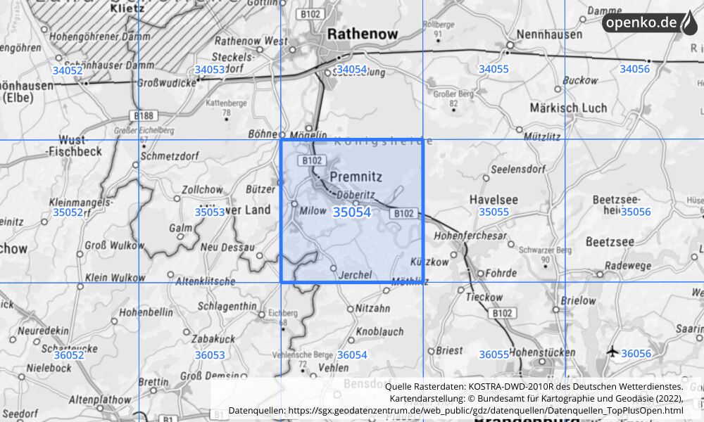 Übersichtskarte KOSTRA-DWD-2010R Rasterfeld Nr. 35054 mit angrenzenden Feldern