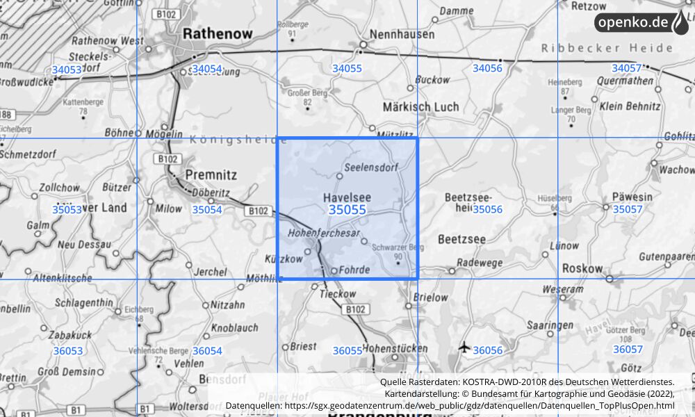 Übersichtskarte KOSTRA-DWD-2010R Rasterfeld Nr. 35055 mit angrenzenden Feldern