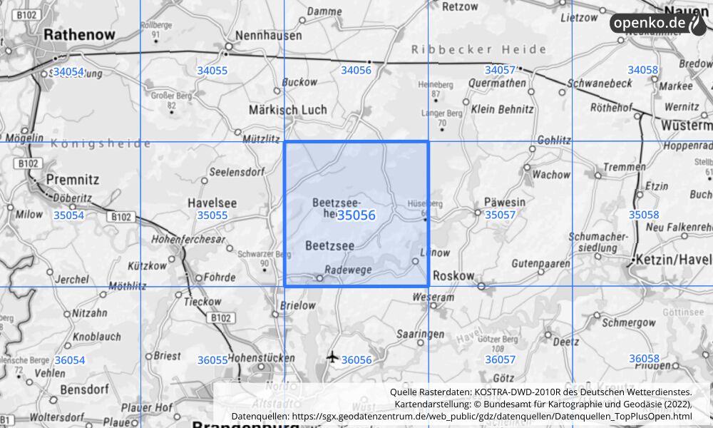 Übersichtskarte KOSTRA-DWD-2010R Rasterfeld Nr. 35056 mit angrenzenden Feldern