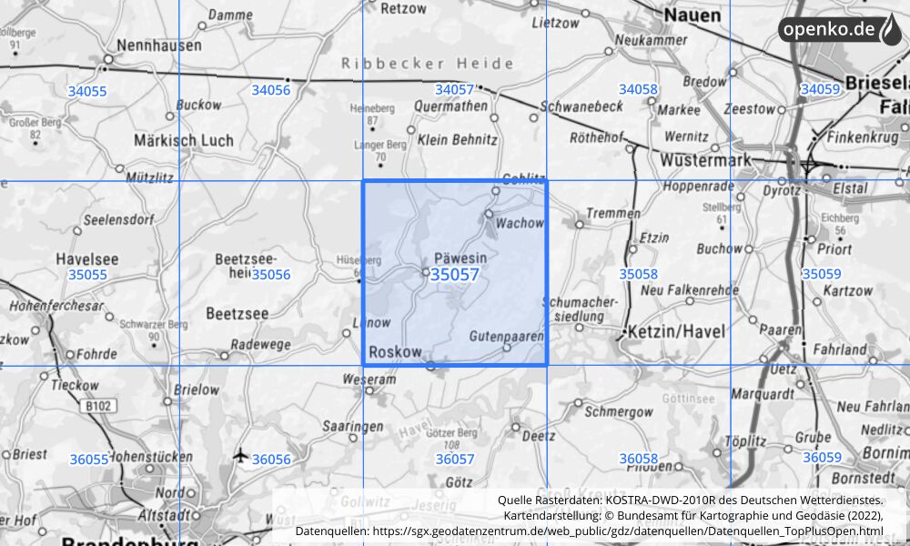 Übersichtskarte KOSTRA-DWD-2010R Rasterfeld Nr. 35057 mit angrenzenden Feldern