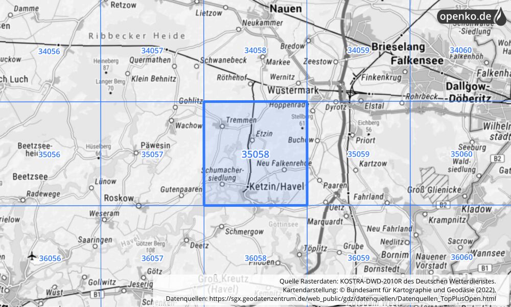 Übersichtskarte KOSTRA-DWD-2010R Rasterfeld Nr. 35058 mit angrenzenden Feldern