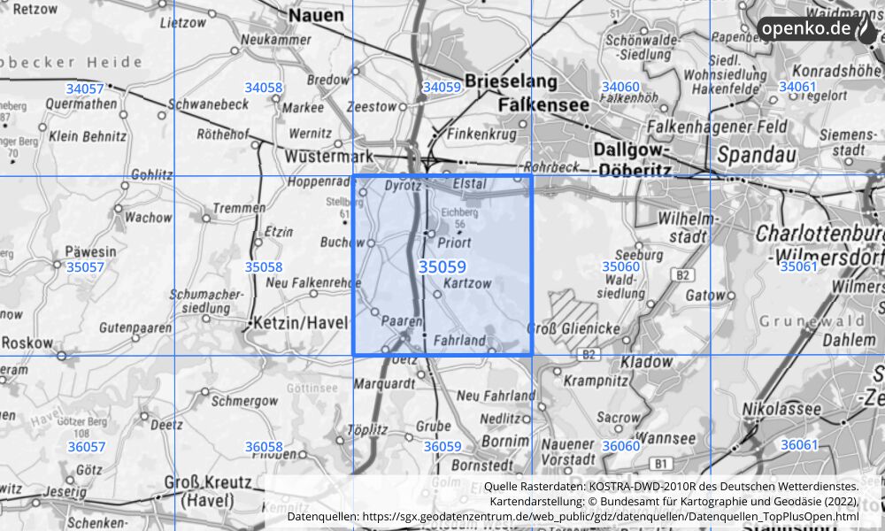 Übersichtskarte KOSTRA-DWD-2010R Rasterfeld Nr. 35059 mit angrenzenden Feldern