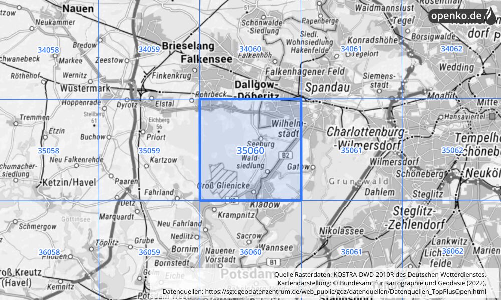 Übersichtskarte KOSTRA-DWD-2010R Rasterfeld Nr. 35060 mit angrenzenden Feldern