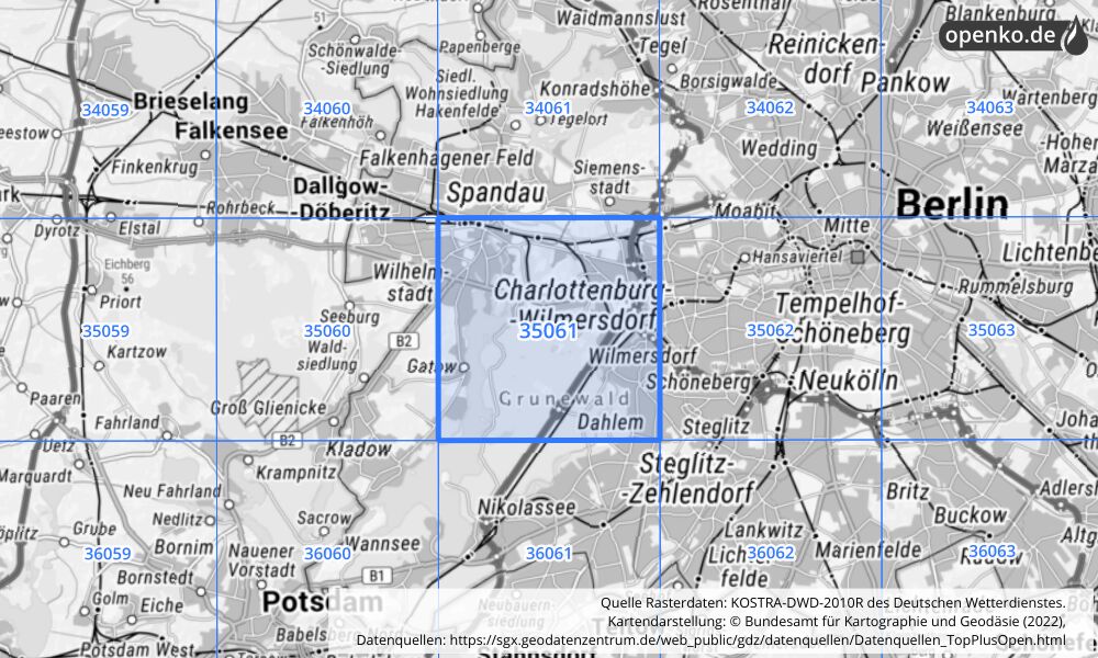 Übersichtskarte KOSTRA-DWD-2010R Rasterfeld Nr. 35061 mit angrenzenden Feldern
