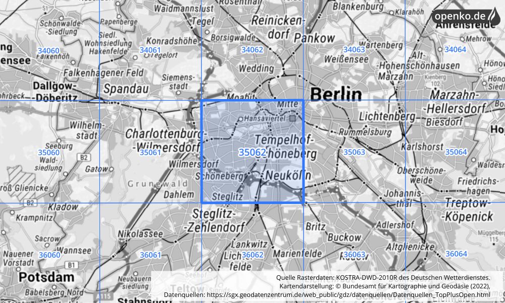 Übersichtskarte KOSTRA-DWD-2010R Rasterfeld Nr. 35062 mit angrenzenden Feldern