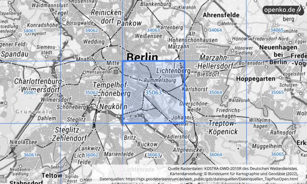 Übersichtskarte KOSTRA-DWD-2010R Rasterfeld Nr. 35063 mit angrenzenden Feldern