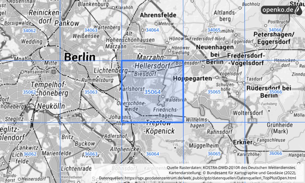 Übersichtskarte KOSTRA-DWD-2010R Rasterfeld Nr. 35064 mit angrenzenden Feldern