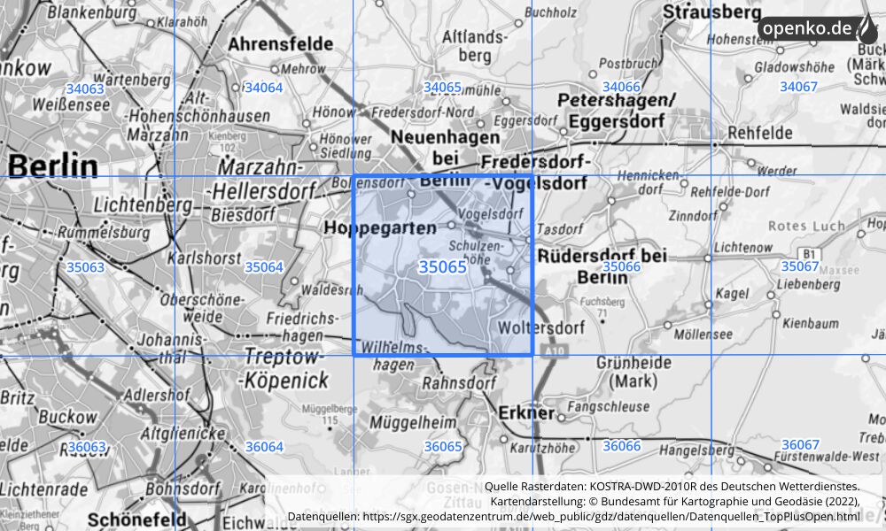 Übersichtskarte KOSTRA-DWD-2010R Rasterfeld Nr. 35065 mit angrenzenden Feldern