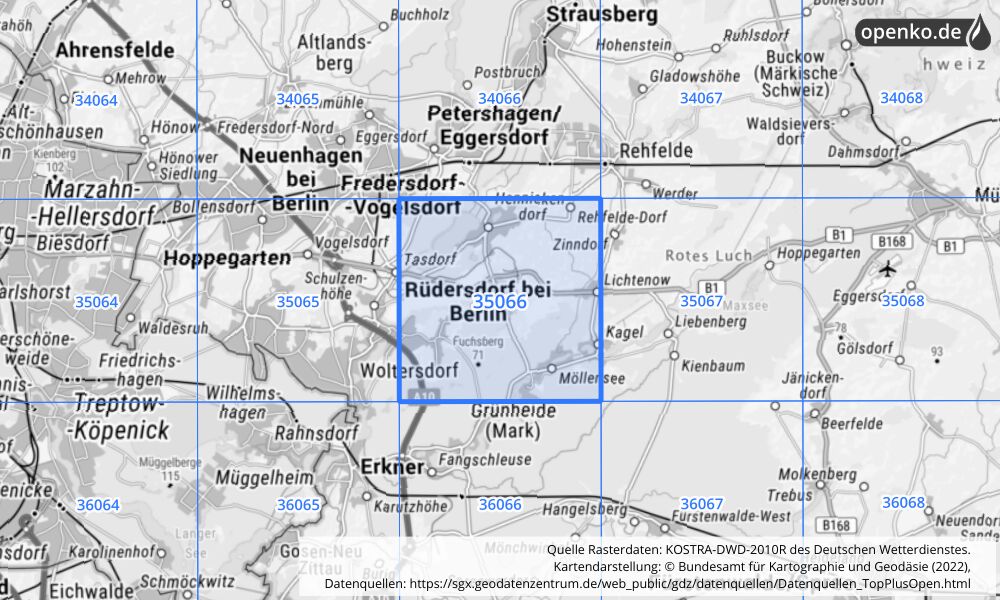 Übersichtskarte KOSTRA-DWD-2010R Rasterfeld Nr. 35066 mit angrenzenden Feldern