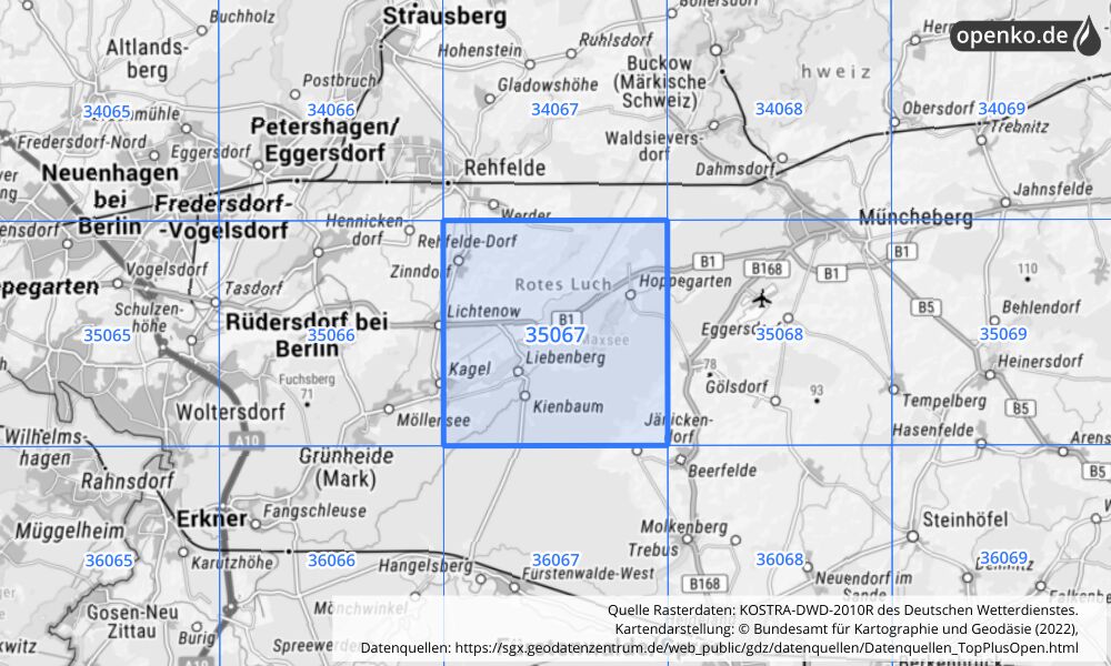 Übersichtskarte KOSTRA-DWD-2010R Rasterfeld Nr. 35067 mit angrenzenden Feldern