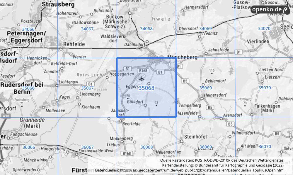 Übersichtskarte KOSTRA-DWD-2010R Rasterfeld Nr. 35068 mit angrenzenden Feldern