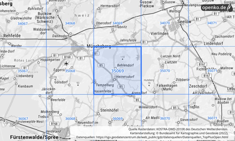 Übersichtskarte KOSTRA-DWD-2010R Rasterfeld Nr. 35069 mit angrenzenden Feldern
