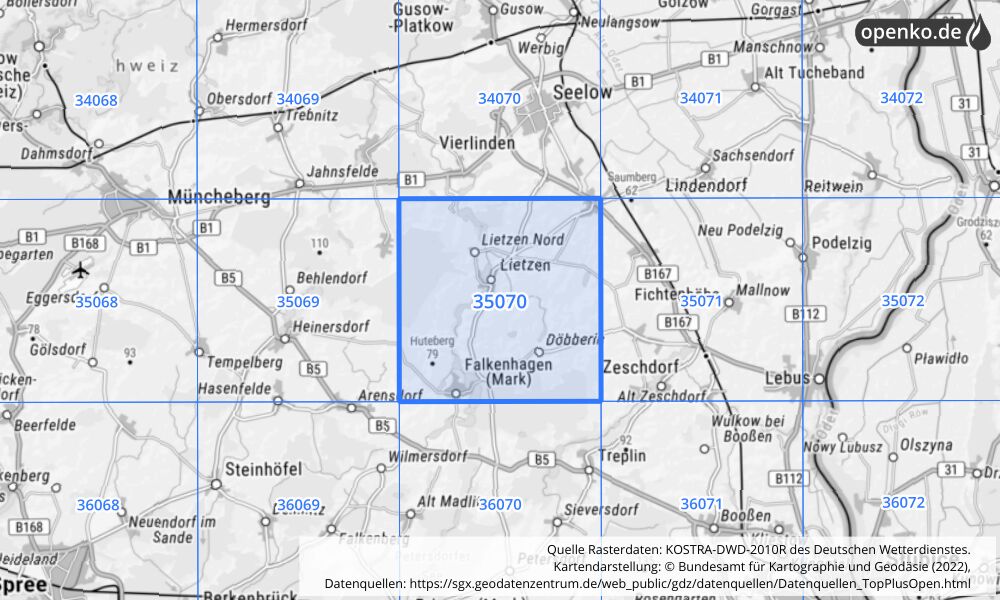 Übersichtskarte KOSTRA-DWD-2010R Rasterfeld Nr. 35070 mit angrenzenden Feldern