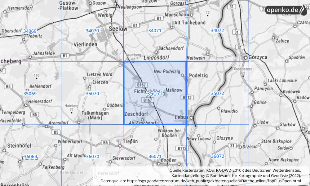 Übersichtskarte KOSTRA-DWD-2010R Rasterfeld Nr. 35071 mit angrenzenden Feldern