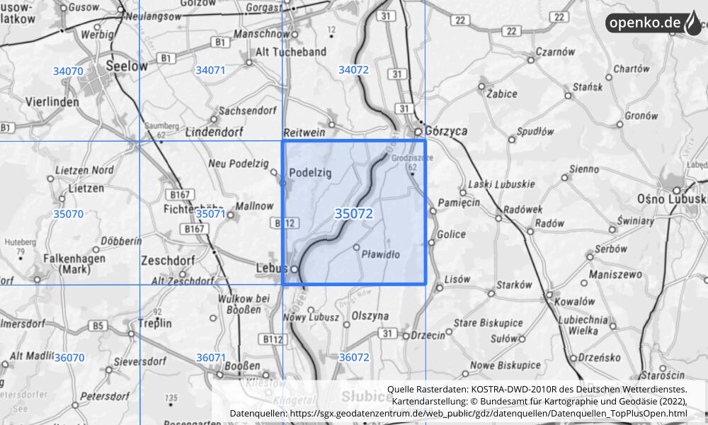 Übersichtskarte KOSTRA-DWD-2010R Rasterfeld Nr. 35072 mit angrenzenden Feldern