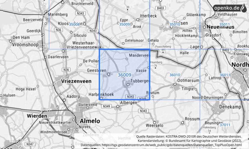 Übersichtskarte KOSTRA-DWD-2010R Rasterfeld Nr. 36009 mit angrenzenden Feldern