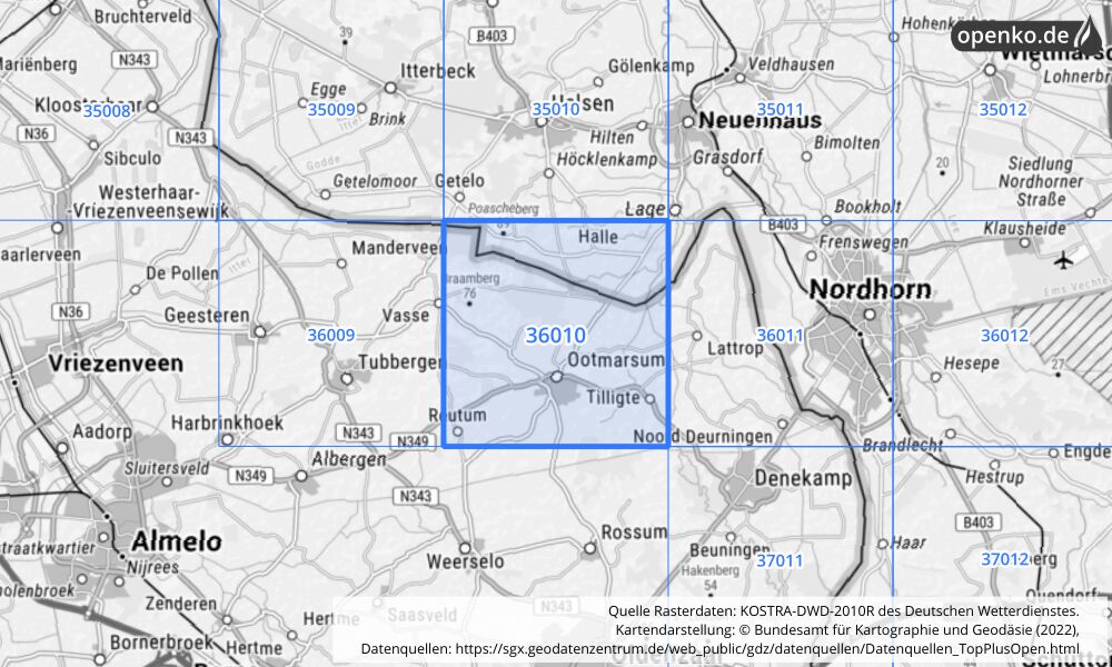 Übersichtskarte KOSTRA-DWD-2010R Rasterfeld Nr. 36010 mit angrenzenden Feldern