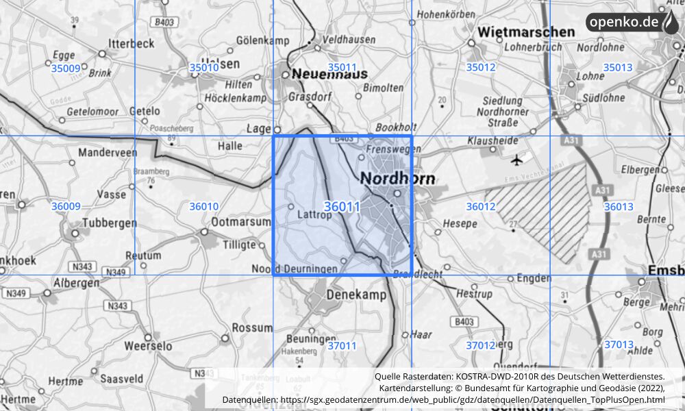 Übersichtskarte KOSTRA-DWD-2010R Rasterfeld Nr. 36011 mit angrenzenden Feldern