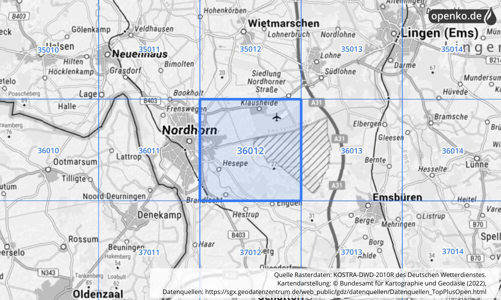 Übersichtskarte KOSTRA-DWD-2010R Rasterfeld Nr. 36012 mit angrenzenden Feldern