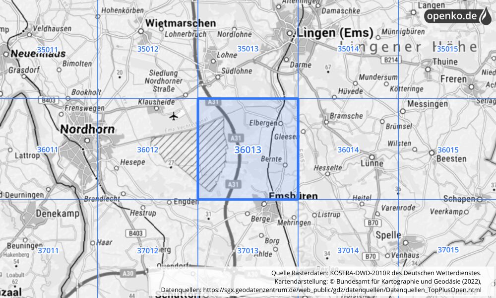 Übersichtskarte KOSTRA-DWD-2010R Rasterfeld Nr. 36013 mit angrenzenden Feldern