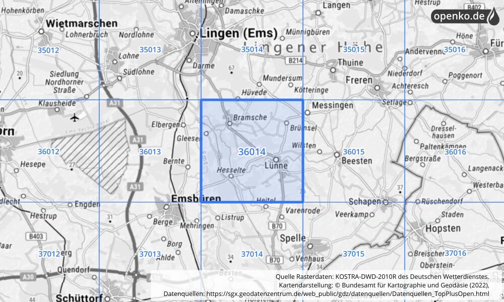 Übersichtskarte KOSTRA-DWD-2010R Rasterfeld Nr. 36014 mit angrenzenden Feldern