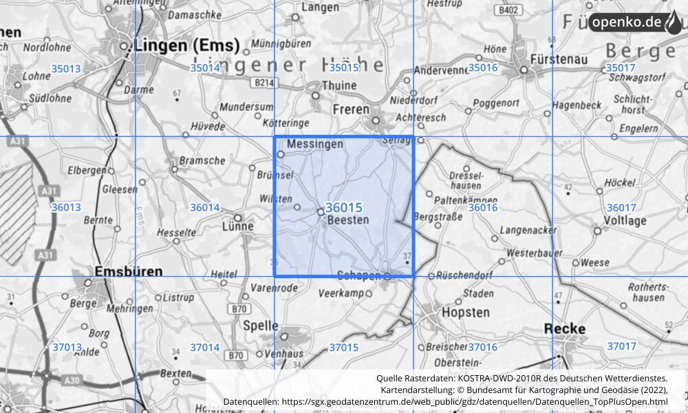 Übersichtskarte KOSTRA-DWD-2010R Rasterfeld Nr. 36015 mit angrenzenden Feldern