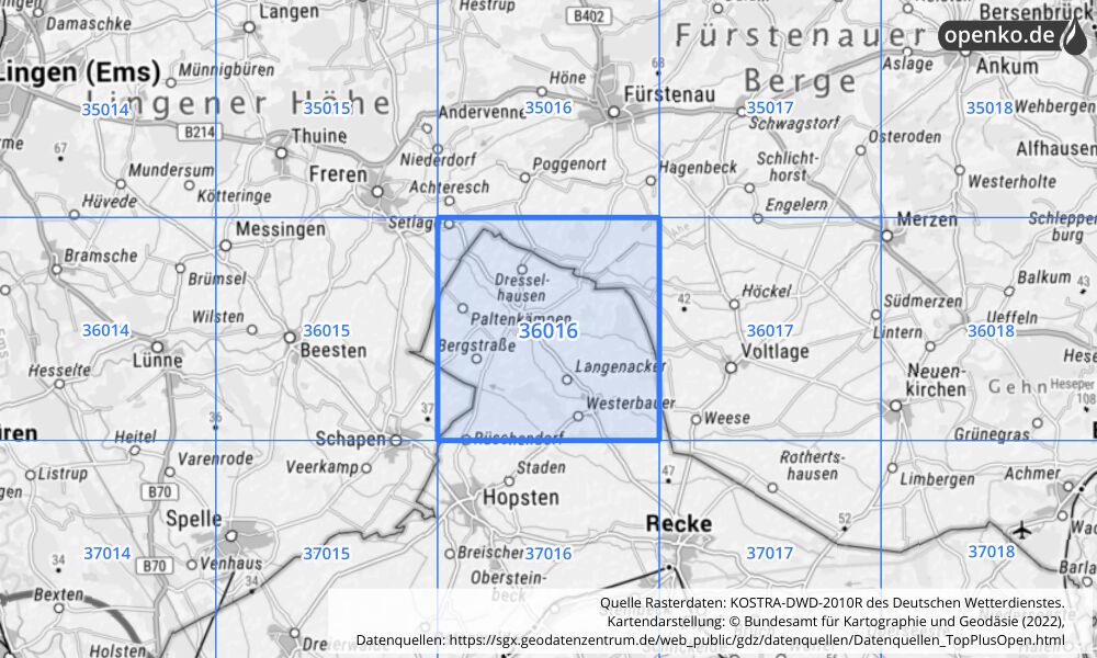 Übersichtskarte KOSTRA-DWD-2010R Rasterfeld Nr. 36016 mit angrenzenden Feldern