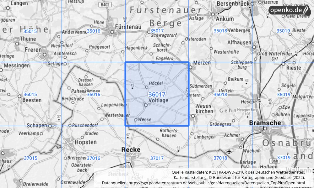 Übersichtskarte KOSTRA-DWD-2010R Rasterfeld Nr. 36017 mit angrenzenden Feldern