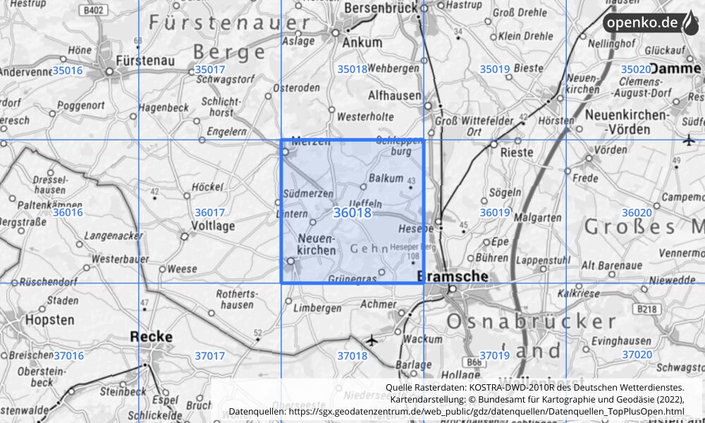 Übersichtskarte KOSTRA-DWD-2010R Rasterfeld Nr. 36018 mit angrenzenden Feldern