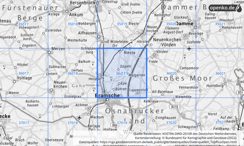 Übersichtskarte KOSTRA-DWD-2010R Rasterfeld Nr. 36019 mit angrenzenden Feldern