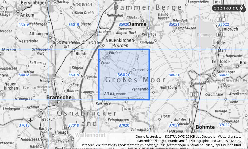 Übersichtskarte KOSTRA-DWD-2010R Rasterfeld Nr. 36020 mit angrenzenden Feldern