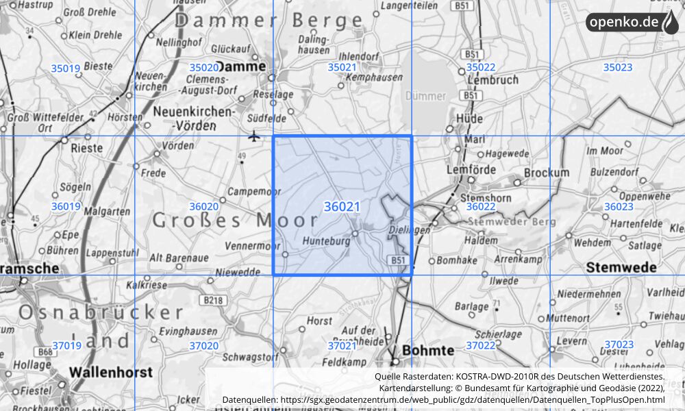 Übersichtskarte KOSTRA-DWD-2010R Rasterfeld Nr. 36021 mit angrenzenden Feldern