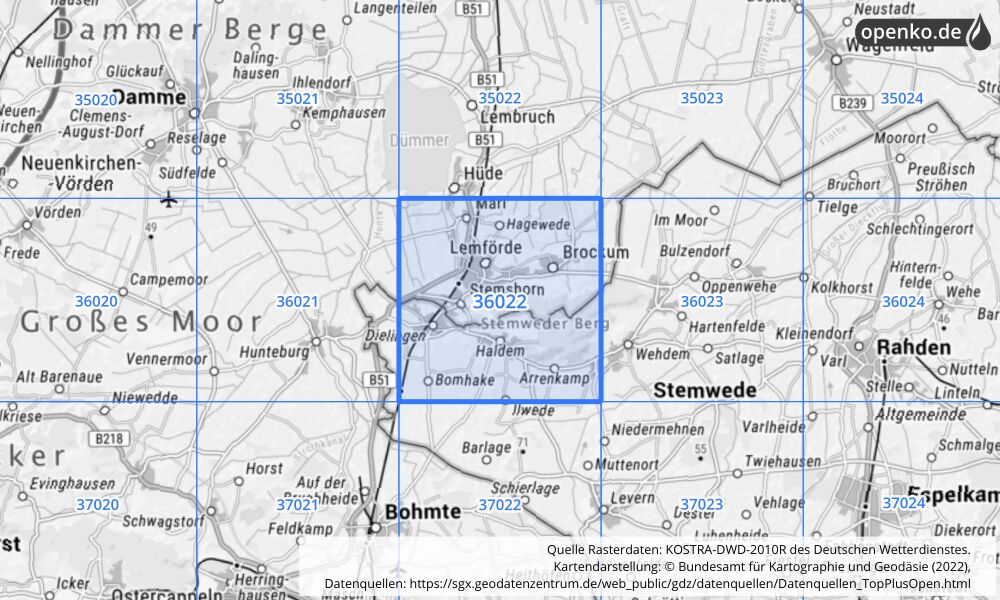 Übersichtskarte KOSTRA-DWD-2010R Rasterfeld Nr. 36022 mit angrenzenden Feldern